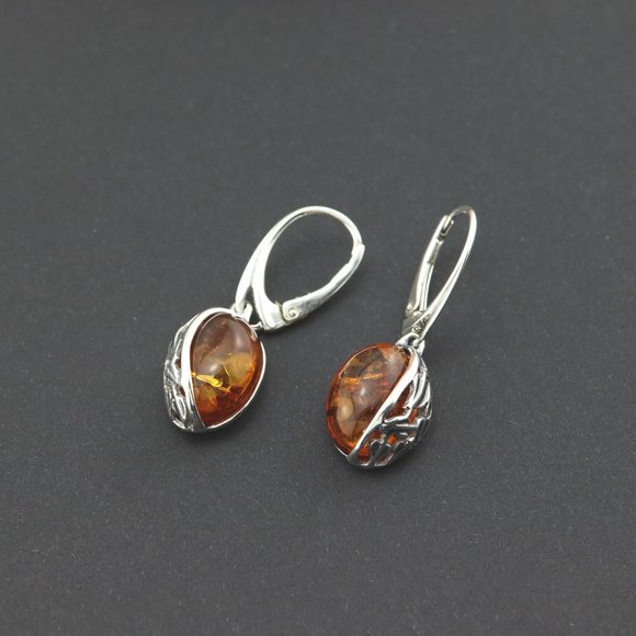 Sterling silver earrings with natural Baltic amber, amber drop earrings, dangle - Picture 6 of 14